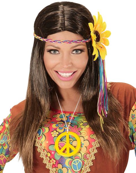 Lång Brun Hippieperuk med Flätor och Pannband