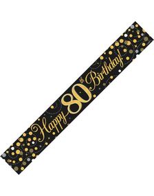 Happy 80th Birthday - 2,7 Meter Svart og Gullfarget Holografisk Banner