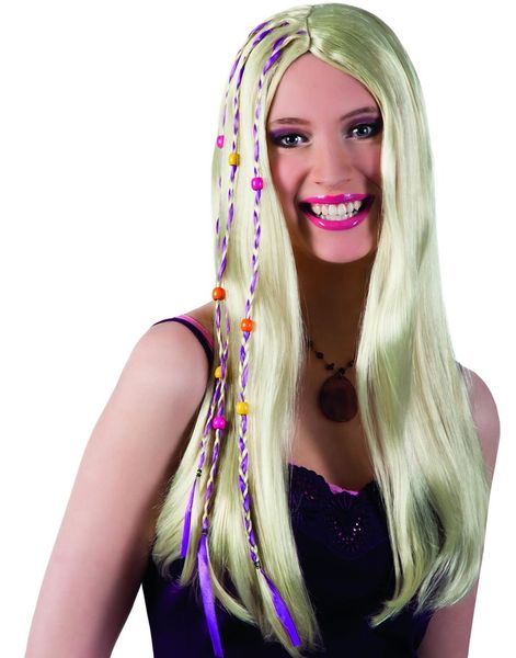 Blond Hippieperuk med Lila Ränder och Pärlor