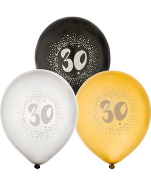 30 år - 6 stk Svarta, Silver- och Guldfärgade Ballonger 30 cm