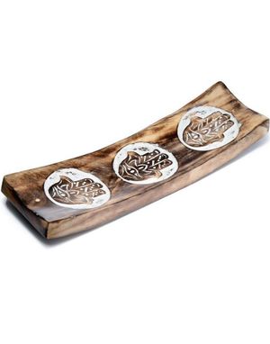 Långsträckt Rökelsehållare i Mangoträ med Hamsa-motiv - 27,5 cm