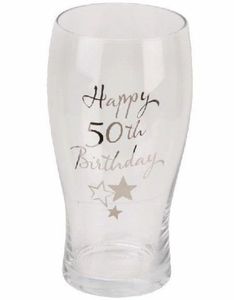 Happy 50th Birthday - Ølglass med Sølvfarget Tekst og Motiver i Gaveeske 23 cm