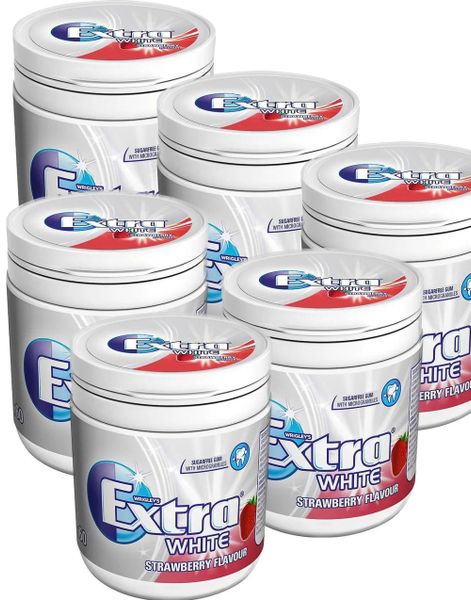6 st Stora Extra White Strawberry Tuggummi Burkar - Hela Lådan 504g