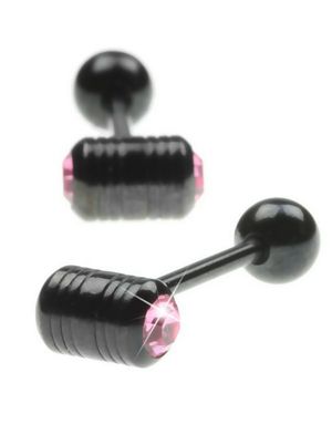 Tungpiercing med två Rosa Stenar i Toppkulan - Svart