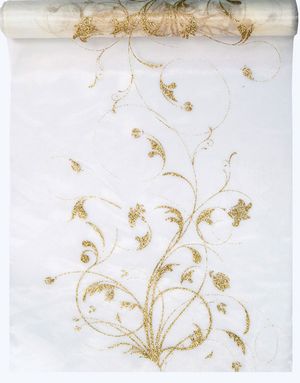KRÄMVIT Organzalöpare med Guldfärgade Glittermotiv 36 cm x 9 meter