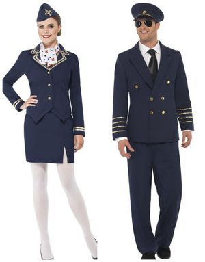 Pardräkt - Mörkblå Pilot och Flygvärdinna Maskeraddräkt med Gulddetaljer