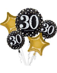 Happy 30th Birthday - Svart och Guldfärgad Ballongbukett med 5 Folieballonger