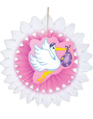 Vit och Rosa Pappersfläkt med Motiv av Stork