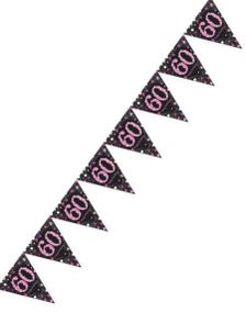 60-Års Firande - 4 Meter Svart och Rosa Glittrande Flaggbanner