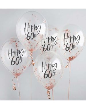 5 stk 30 cm Gjennomsiktige Happy 60th Ballonger med Rosegull Konfetti