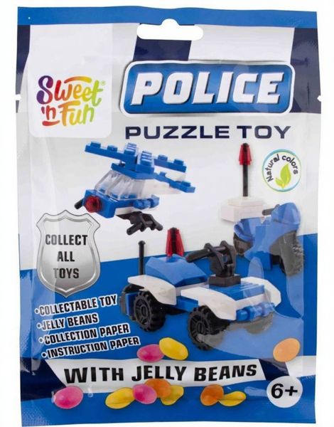 Police Puzzle Toy Candy - Jelly Beans og Assortert Politi Kjøretøy/Utstyr Lekefigur