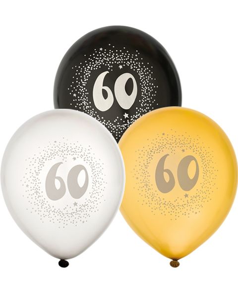 60 år - 6 stk Svarta, Silver- och Guldfärgade Ballonger 30 cm