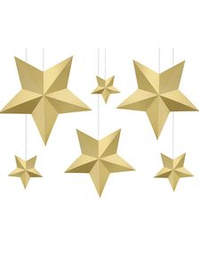 6 stk Guldfärgade 3D Stjärnor - Hängande Dekoration