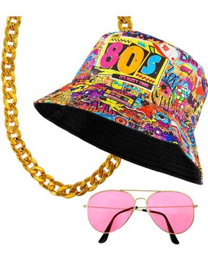 80-tals Party Kit – Bucket-hatt, Guldkedja och Rosa Solglasögon