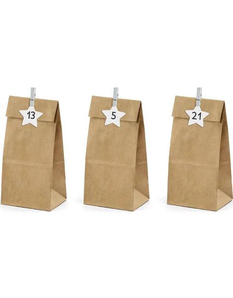 24 stk Beige Advent-Poser / Julekalender med Tall og Knagger