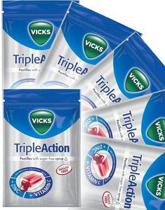 20 stk Vicks Triple Action - Sockerfria Halspastiller med Svartvinbär och Mentol - Hel Låda 1,44 kg