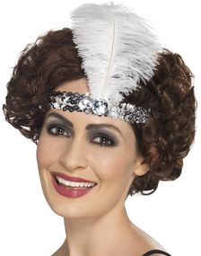 Silverfärgat Flapper Hårband med Paljetter och Fjäder
