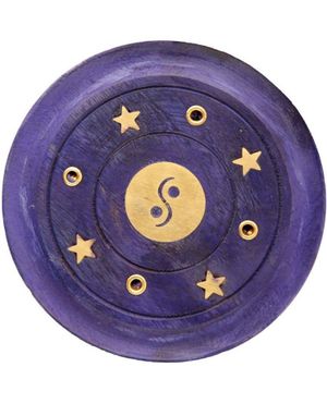 Rund Liten Lilla Røkelsesholder i Mango-tre med Yin Yang Motiv - 7 cm