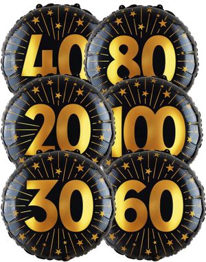 Jubileumsfolieballong - Rund Svart Och Guldfärgad Folieballong 46 cm