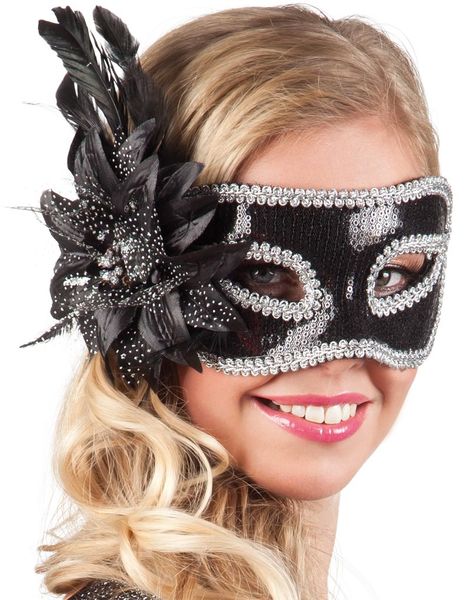 Svart Venetiansk Ögonmask med Blomma och Fjäderpynt