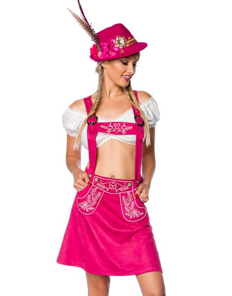 Kort A-Formad Oktoberfestkjol i Rosa med Hängslen och Broderi