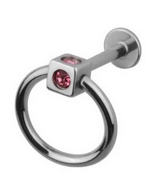 Labret m/Fyrkantig Kula & Rosa Stenar - Strl 1.2 x 8 mm med 3 mm kula