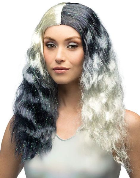 Galaxy - Svart og Hvit Split-Color Parykk med Glitterstriper
