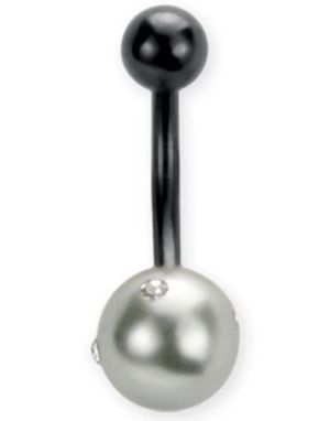 Svart Navelpiercing med Grå Pärla & Stenar