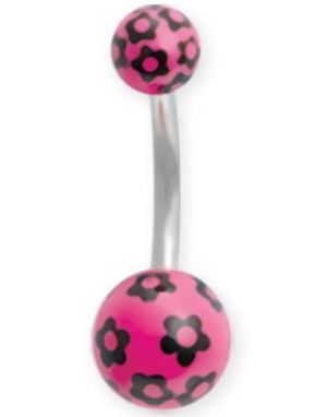Navelpiercing med Rosa Kulor & Svarta Blommor