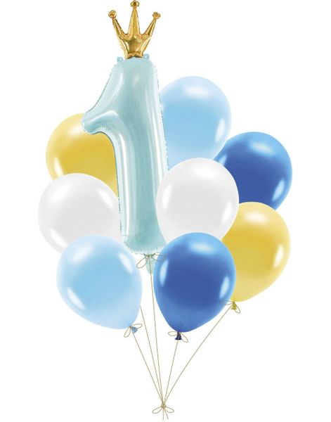 First Birthday Ballongbukett med Folie 1-tall og 6 Lateksballonger - Gutt