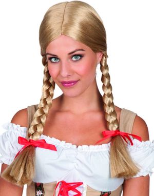 Blond Oktoberfestperuk med råttsvansar och röda band